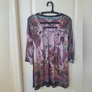 One World Lilac, Green, and Black Sheer Patterned Blouse L